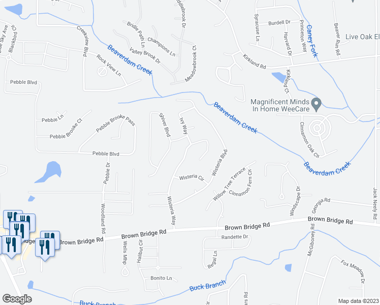 map of restaurants, bars, coffee shops, grocery stores, and more near 160 Wisteria Way in Covington