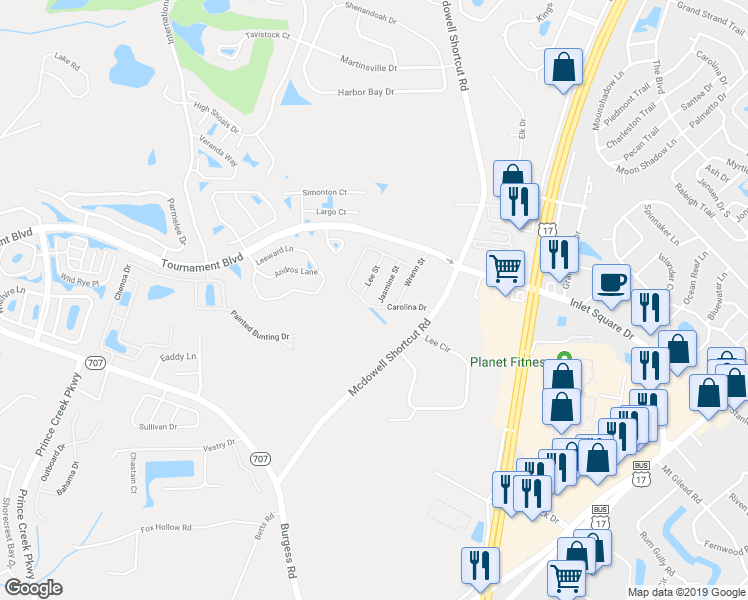 map of restaurants, bars, coffee shops, grocery stores, and more near 11104 Mcdowell Shortcut Road in Murrells Inlet