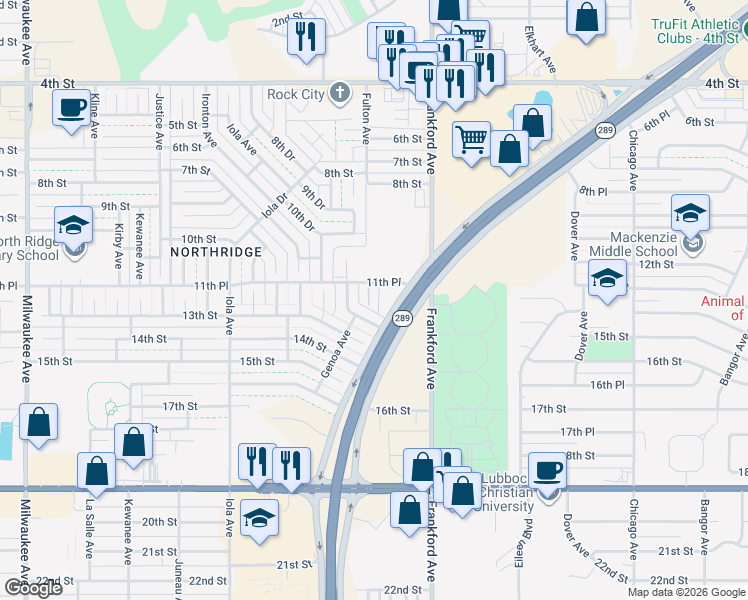 map of restaurants, bars, coffee shops, grocery stores, and more near 5811 11th Place in Lubbock