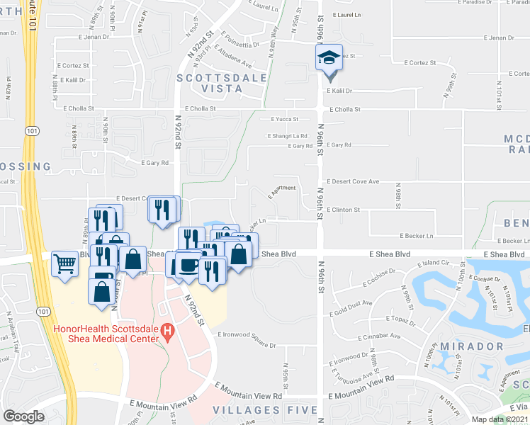 map of restaurants, bars, coffee shops, grocery stores, and more near 9450 East Becker Lane in Scottsdale