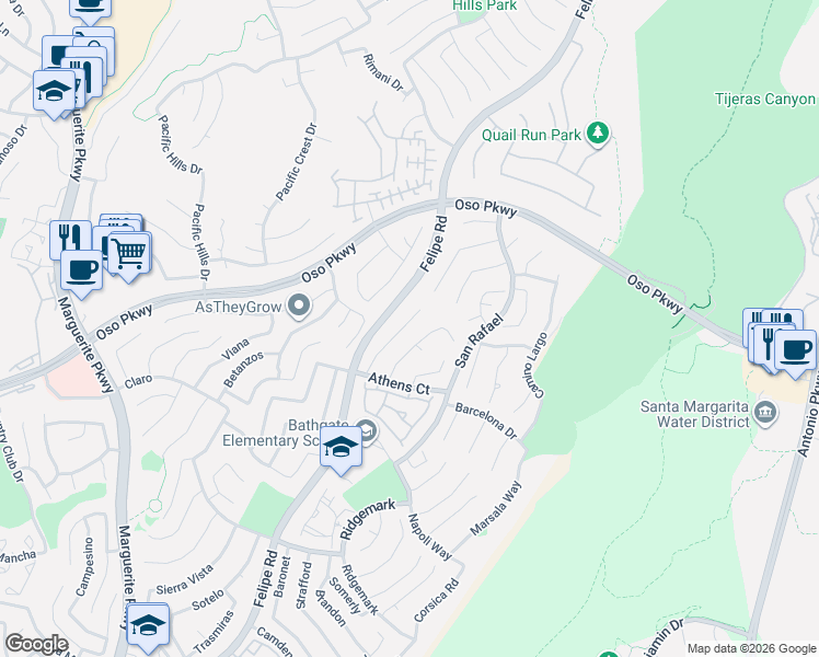 map of restaurants, bars, coffee shops, grocery stores, and more near 26016 Ravenna Road in Mission Viejo