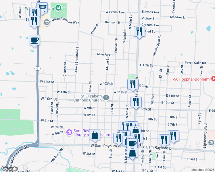 map of restaurants, bars, coffee shops, grocery stores, and more near 1202 Maple Street in Bonham