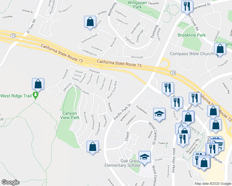 map of restaurants, bars, coffee shops, grocery stores, and more near 201 Woodcrest Lane in Aliso Viejo