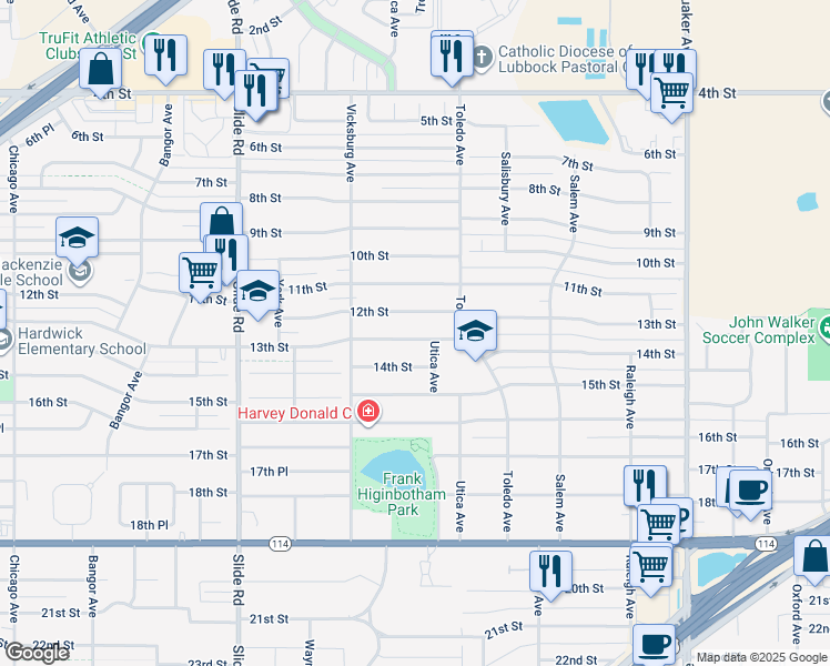 map of restaurants, bars, coffee shops, grocery stores, and more near 4817 12th Street in Lubbock