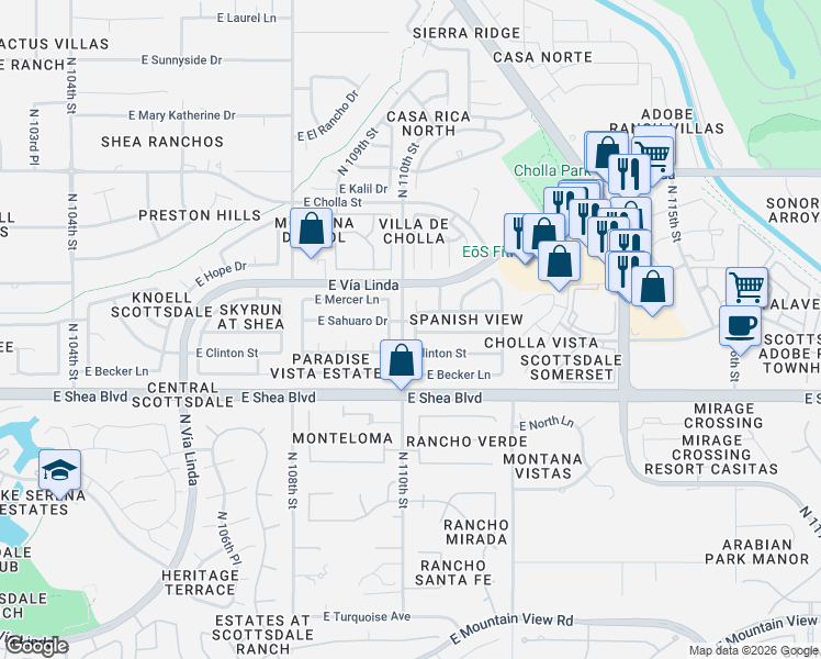 map of restaurants, bars, coffee shops, grocery stores, and more near 11015 East Mercer Lane in Scottsdale