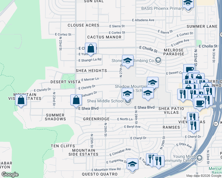 map of restaurants, bars, coffee shops, grocery stores, and more near 2601 East Christy Drive in Phoenix