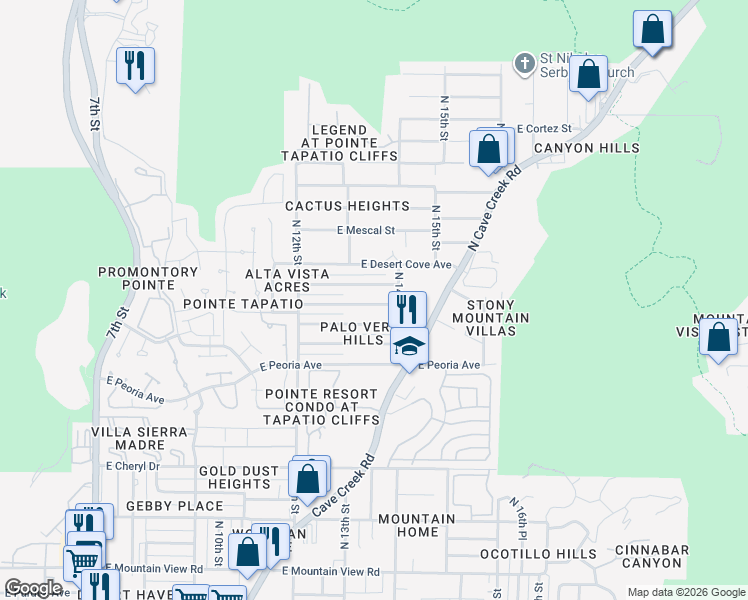 map of restaurants, bars, coffee shops, grocery stores, and more near 1333 East Mercer Lane in Phoenix