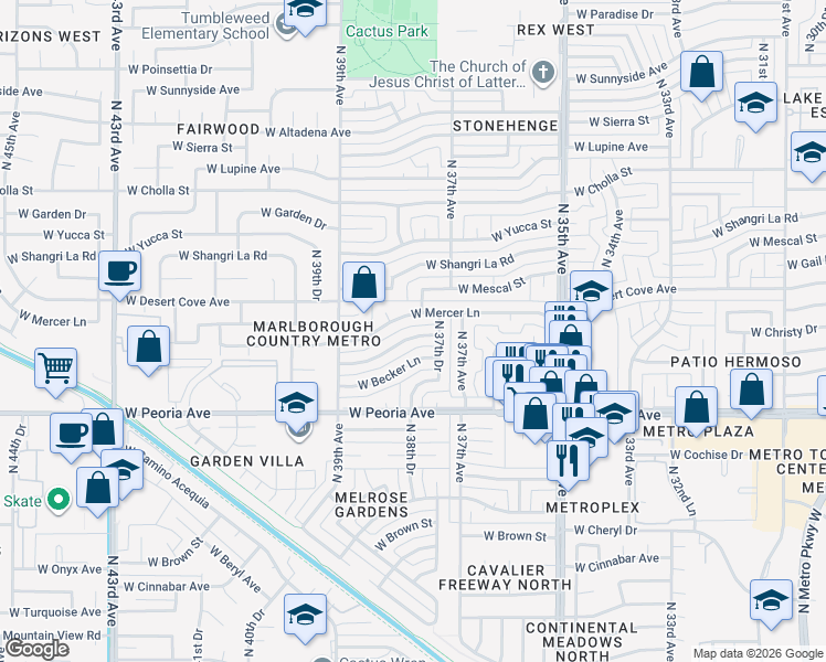 map of restaurants, bars, coffee shops, grocery stores, and more near 3735 West Mercer Lane in Phoenix
