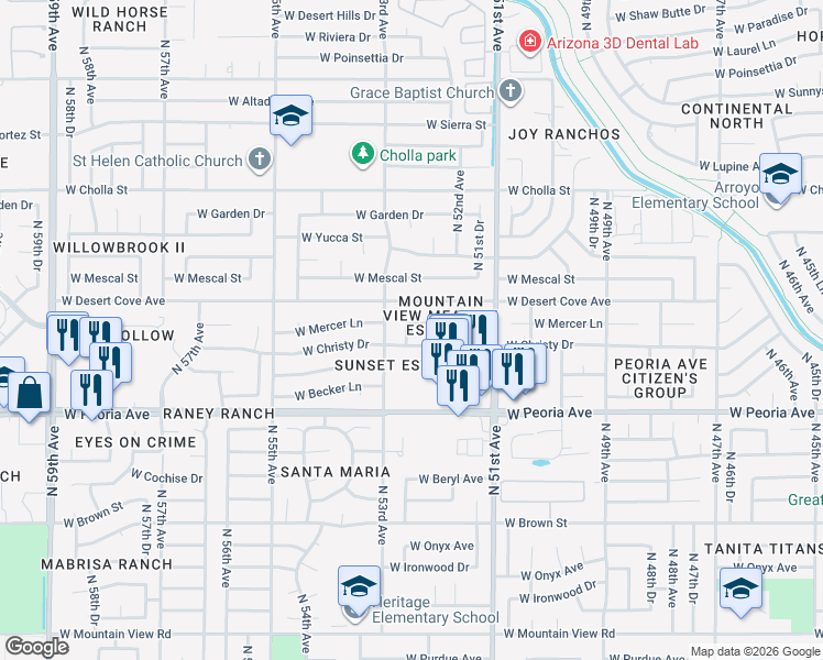 map of restaurants, bars, coffee shops, grocery stores, and more near 5216 West Mercer Lane in Glendale