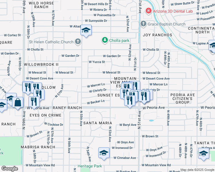 map of restaurants, bars, coffee shops, grocery stores, and more near 10821 North 53rd Avenue in Glendale