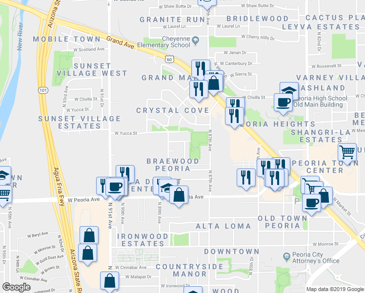map of restaurants, bars, coffee shops, grocery stores, and more near 8744 West Mescal Street in Peoria