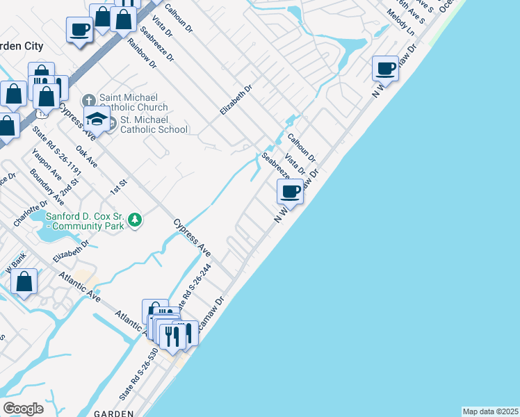 map of restaurants, bars, coffee shops, grocery stores, and more near 132 Sunset Drive in Murrells Inlet