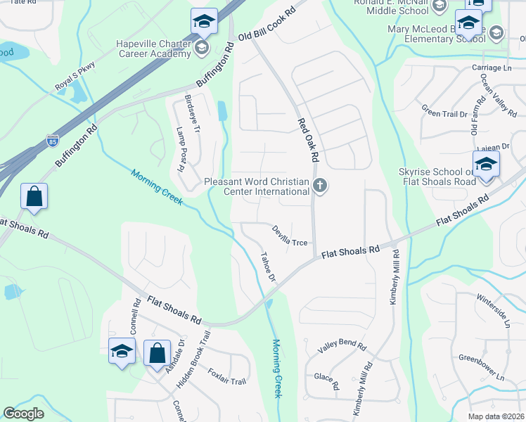 map of restaurants, bars, coffee shops, grocery stores, and more near 6300 Ponderosa Court in College Park