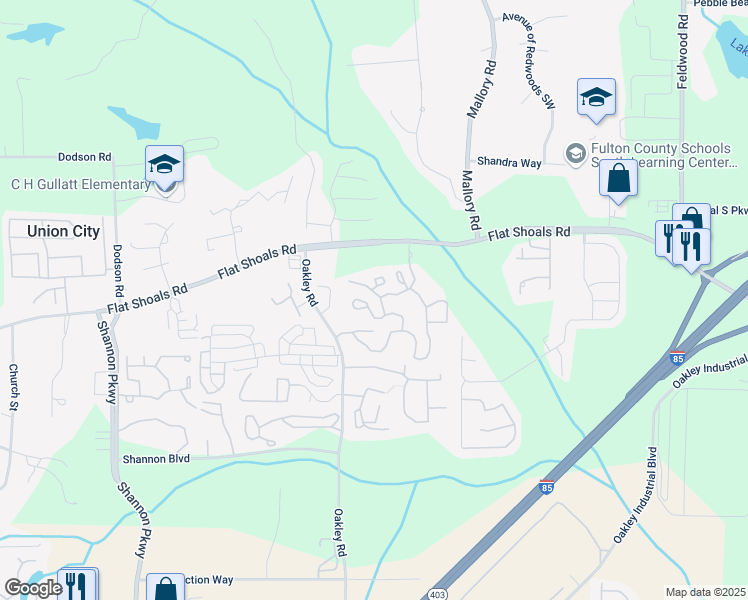 map of restaurants, bars, coffee shops, grocery stores, and more near 6300 Oakley Road in Union City