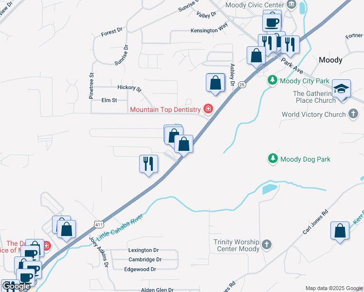 map of restaurants, bars, coffee shops, grocery stores, and more near 2615 Moody Parkway in Moody