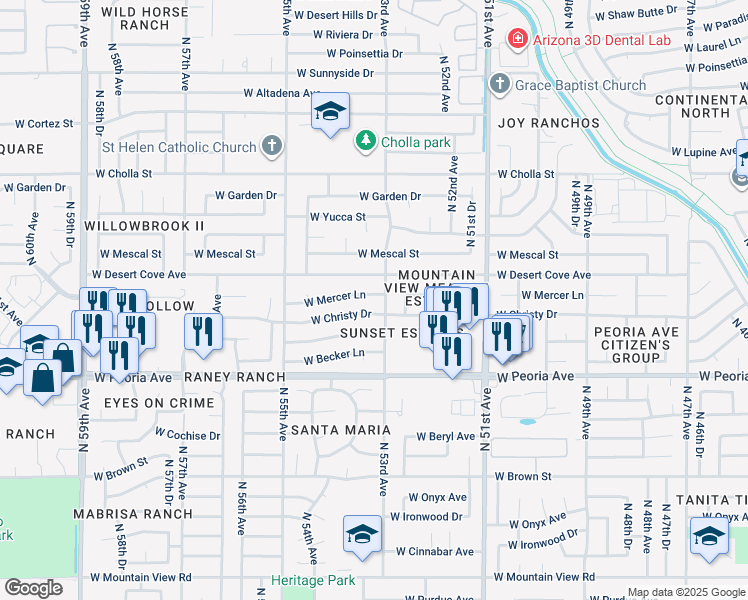 map of restaurants, bars, coffee shops, grocery stores, and more near 10821 North 53rd Avenue in Glendale