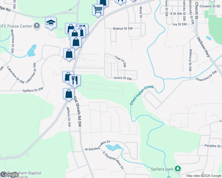 map of restaurants, bars, coffee shops, grocery stores, and more near 7706 Sudbury Circle in Covington
