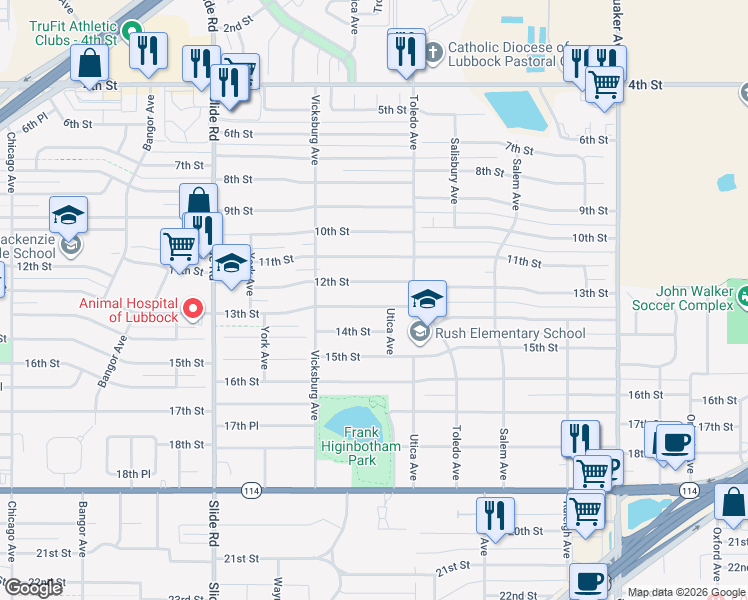 map of restaurants, bars, coffee shops, grocery stores, and more near 4817 12th Street in Lubbock