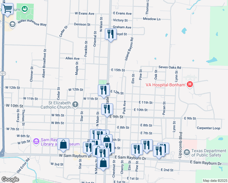 map of restaurants, bars, coffee shops, grocery stores, and more near 215 East 12th Street in Bonham