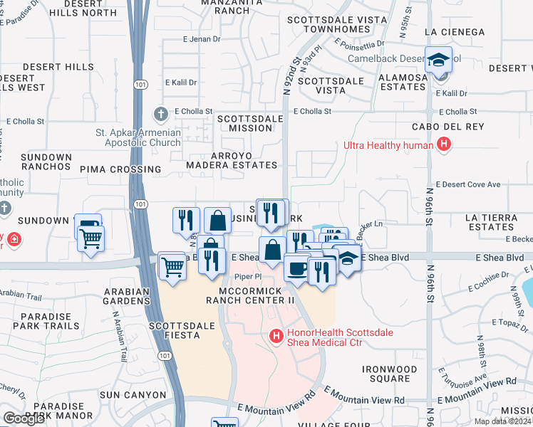 map of restaurants, bars, coffee shops, grocery stores, and more near 9185 East Desert Cove Avenue in Scottsdale