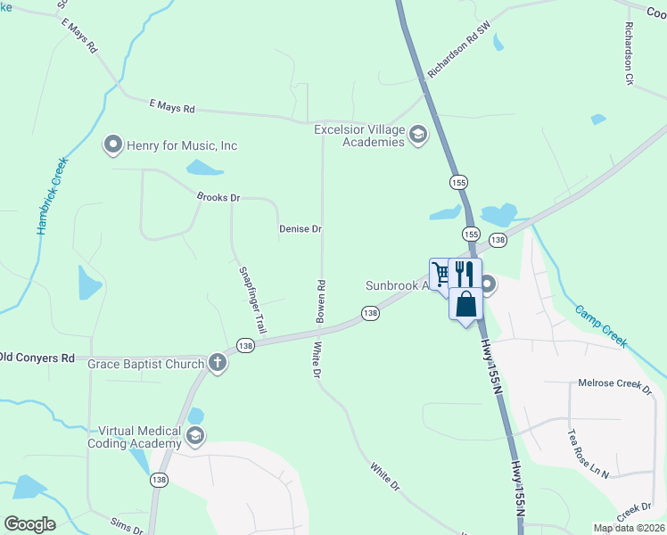 map of restaurants, bars, coffee shops, grocery stores, and more near 144 Bowen Road in Stockbridge