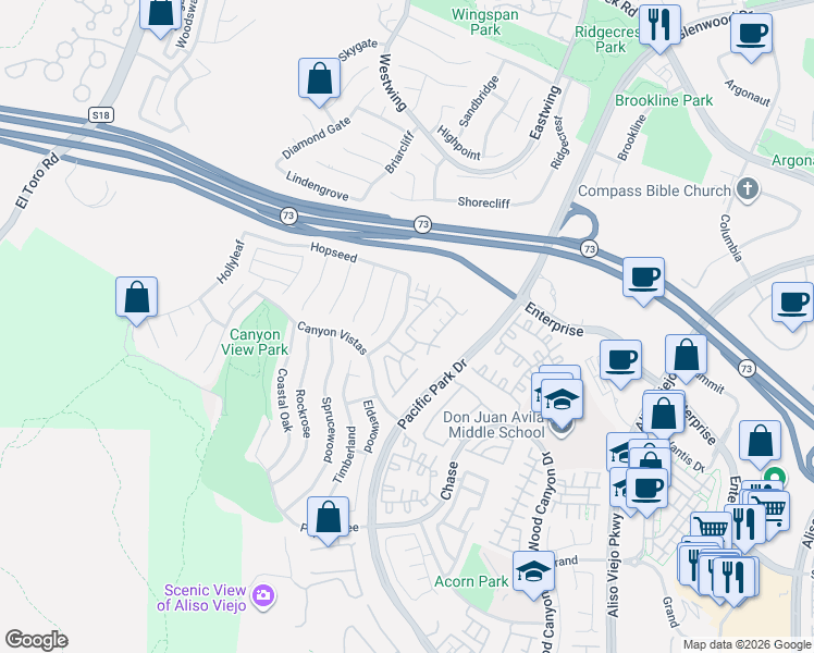 map of restaurants, bars, coffee shops, grocery stores, and more near 201 Woodcrest Lane in Aliso Viejo