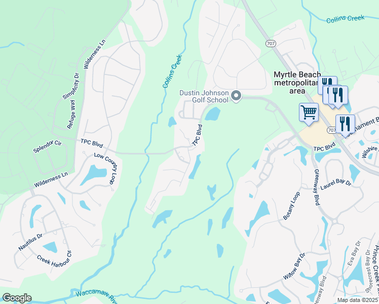 map of restaurants, bars, coffee shops, grocery stores, and more near 1805 Rock Bed Court in Murrells Inlet