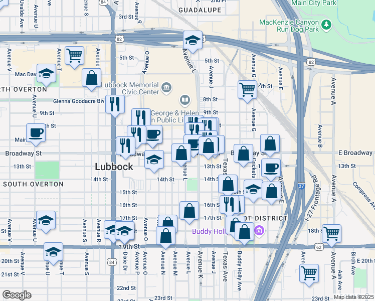 map of restaurants, bars, coffee shops, grocery stores, and more near in Lubbock