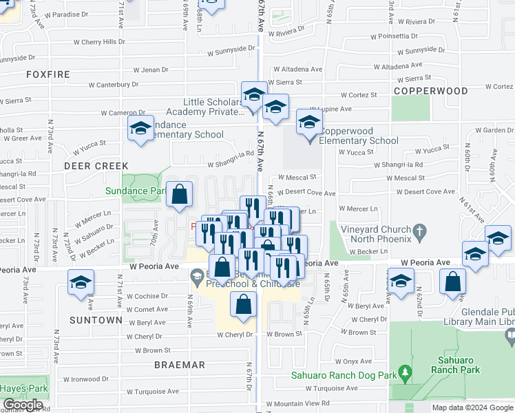 map of restaurants, bars, coffee shops, grocery stores, and more near 10960 North 67th Avenue in Glendale