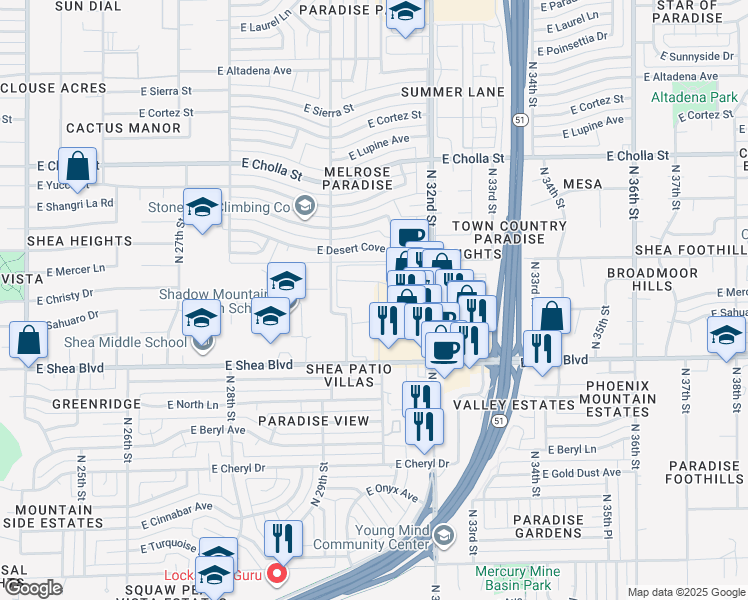 map of restaurants, bars, coffee shops, grocery stores, and more near 3040 East Shea Boulevard in Phoenix