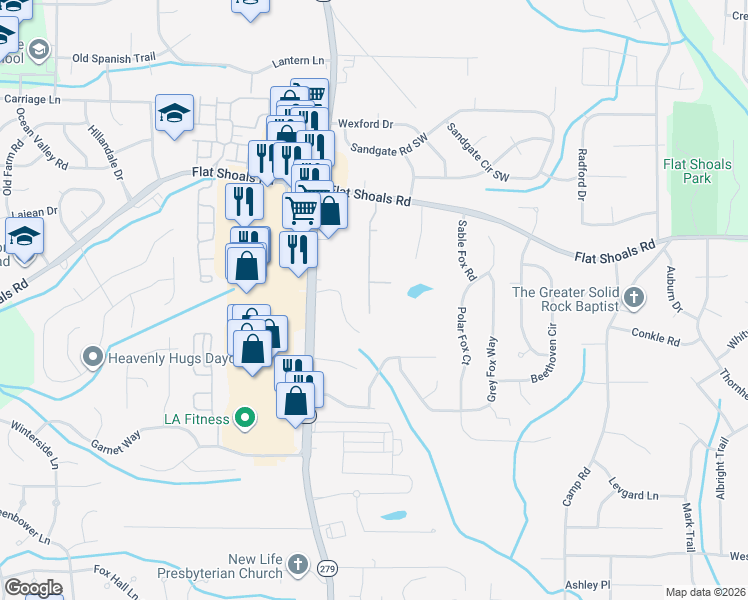 map of restaurants, bars, coffee shops, grocery stores, and more near 6092 Oak Bend Court in Riverdale