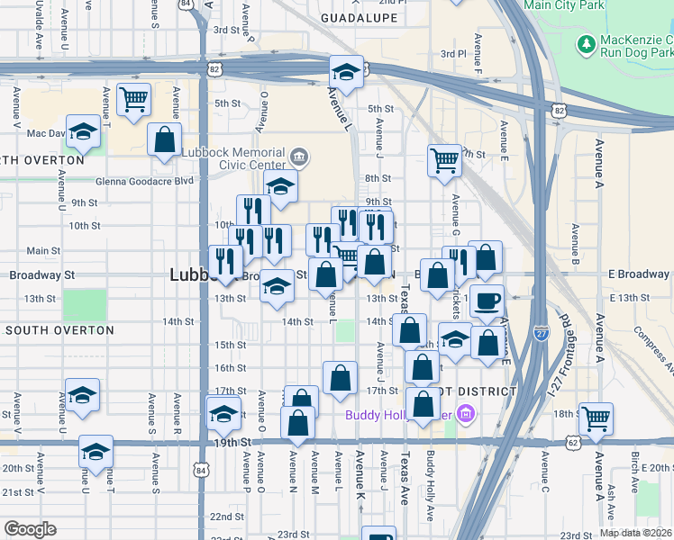 map of restaurants, bars, coffee shops, grocery stores, and more near in Lubbock