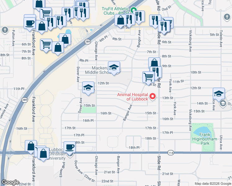 map of restaurants, bars, coffee shops, grocery stores, and more near 5422 13th Street in Lubbock