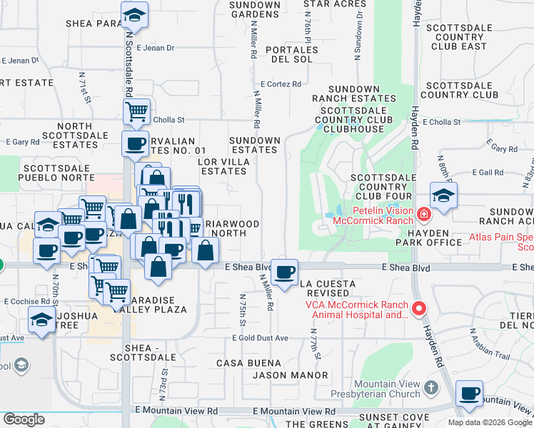 map of restaurants, bars, coffee shops, grocery stores, and more near 10830 North Miller Road in Scottsdale