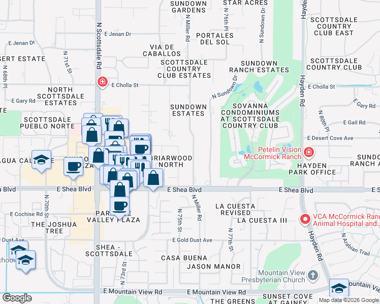 map of restaurants, bars, coffee shops, grocery stores, and more near 10830 North Miller Road in Scottsdale