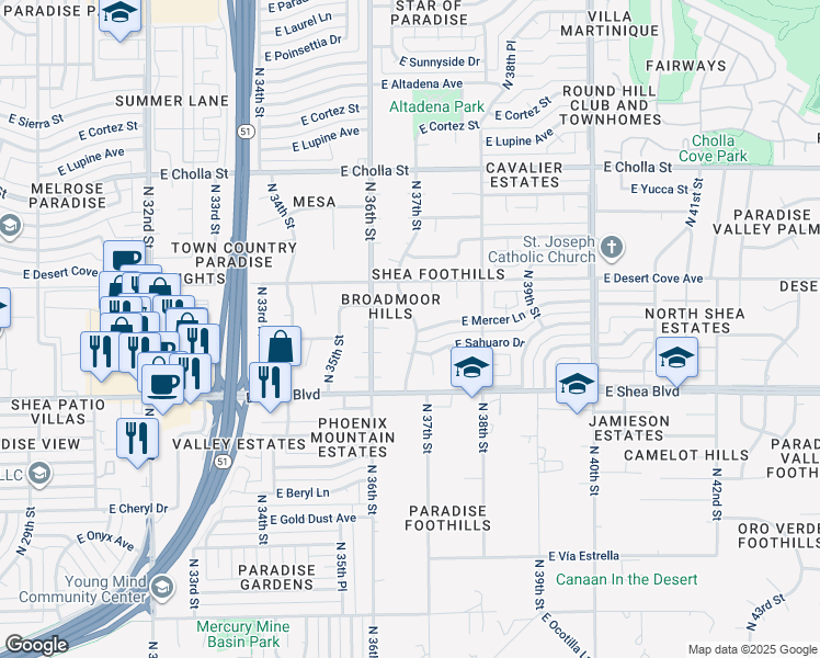 map of restaurants, bars, coffee shops, grocery stores, and more near 3616 East Mercer Lane in Phoenix