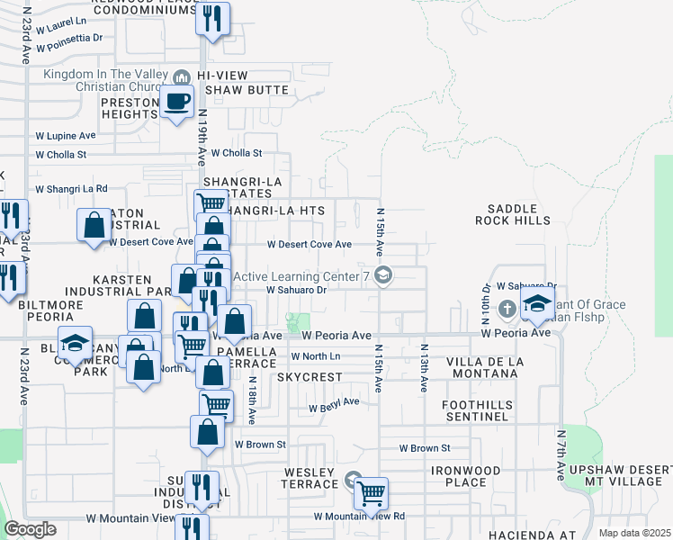 map of restaurants, bars, coffee shops, grocery stores, and more near 1601 West Desert Cove Avenue in Phoenix
