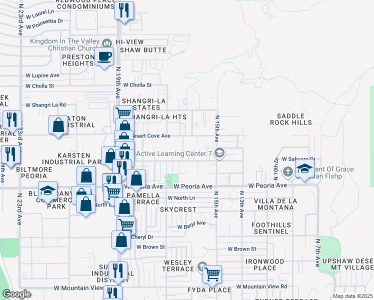 map of restaurants, bars, coffee shops, grocery stores, and more near 1601 West Desert Cove Avenue in Phoenix