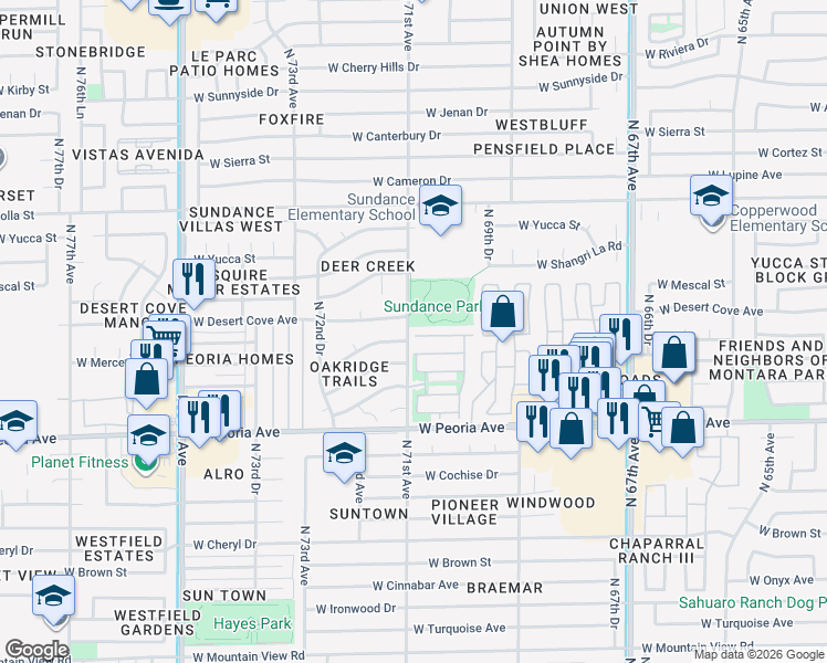 map of restaurants, bars, coffee shops, grocery stores, and more near 7115 West Desert Cove Avenue in Peoria