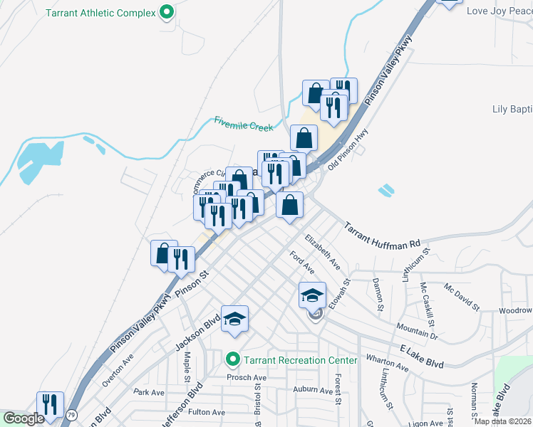 map of restaurants, bars, coffee shops, grocery stores, and more near 1751 Pinson Valley Parkway in Birmingham