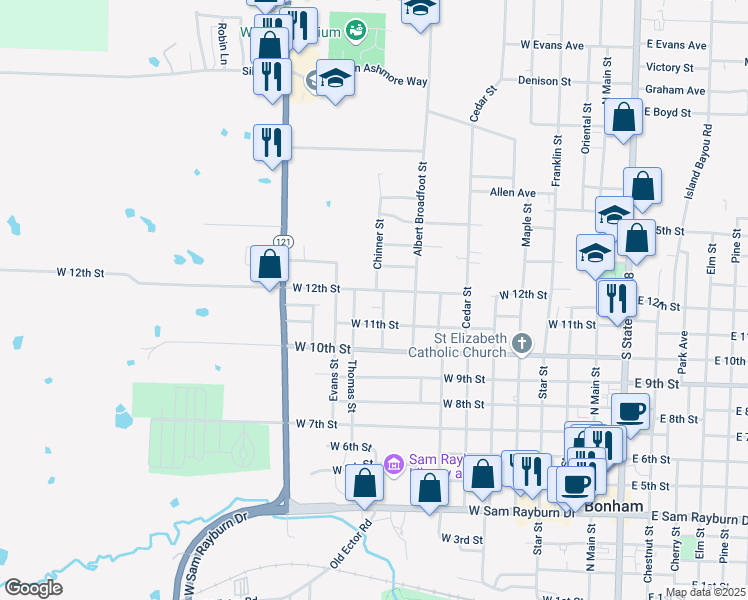 map of restaurants, bars, coffee shops, grocery stores, and more near 1012 West 12th Street in Bonham