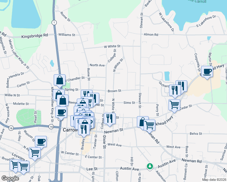 map of restaurants, bars, coffee shops, grocery stores, and more near Brown Street in Carrollton