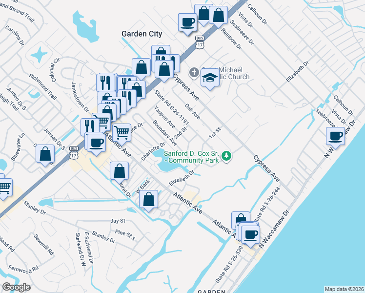 map of restaurants, bars, coffee shops, grocery stores, and more near 429 Yaupon Avenue in Murrells Inlet