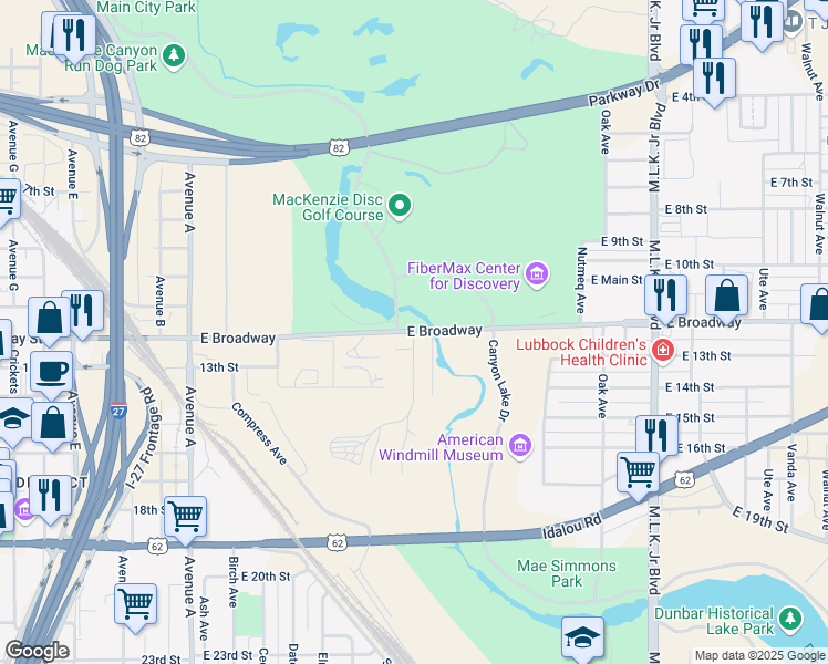 map of restaurants, bars, coffee shops, grocery stores, and more near 800 East Broadway in Lubbock