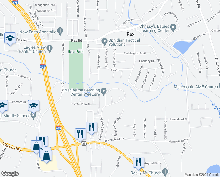 map of restaurants, bars, coffee shops, grocery stores, and more near 6090 Crooked Creek Drive in Rex