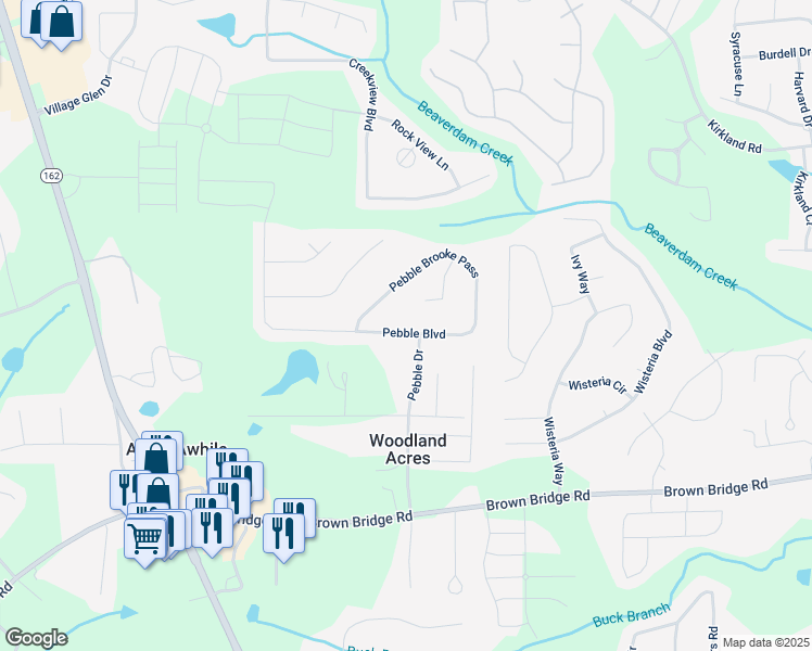 map of restaurants, bars, coffee shops, grocery stores, and more near 450 Pebble Boulevard in Covington