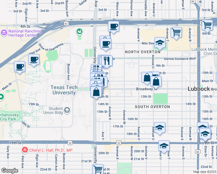 map of restaurants, bars, coffee shops, grocery stores, and more near 2320 Broadway in Lubbock