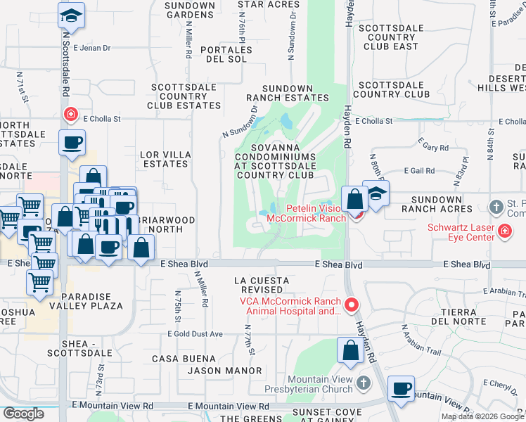map of restaurants, bars, coffee shops, grocery stores, and more near 7702 East Shea Boulevard in Scottsdale