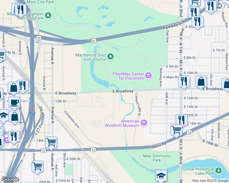 map of restaurants, bars, coffee shops, grocery stores, and more near 800 East Broadway in Lubbock