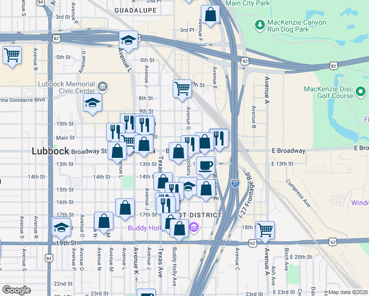 map of restaurants, bars, coffee shops, grocery stores, and more near 800 Broadway Street in Lubbock